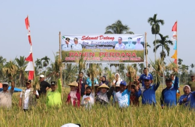 Bupati Lebong Kopli Ansori (tengah, topi biru) didampingi Sekretaris Daerah H Mustarani Abidin SH MSi saat ikut panen padi MT-II di Desa Karang Dapo Bawah Kecamatan Bingin Kuning, Jum'at (5/10/2023)